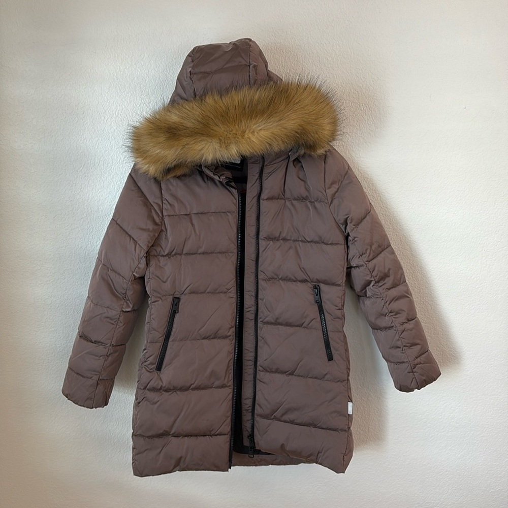 Reima brand girls long insulated jacket with faux fur hood  - size EU 140